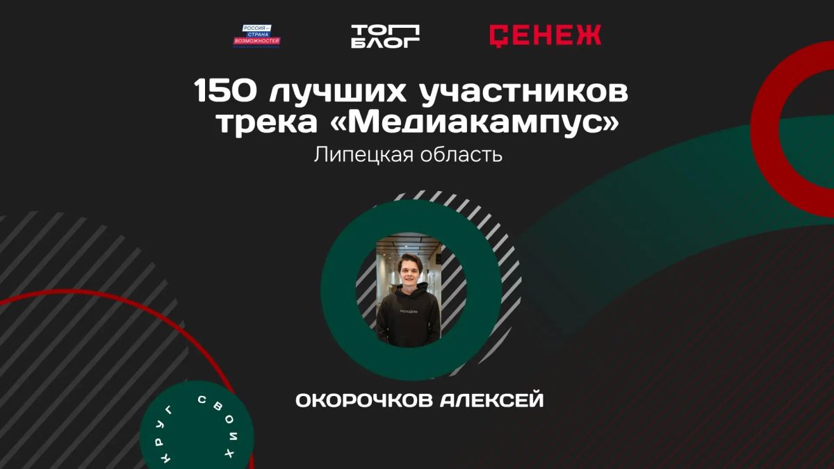 НАШ. Коллега из Ельца — в топ-150 лучших авторов страны! Алексей Окорочков, специалист по работе с молодежью, вошел в число лучших участников трека «Медиакампус» Всероссийского проекта «ТопБЛОГ» платформы «Россия – страна...
